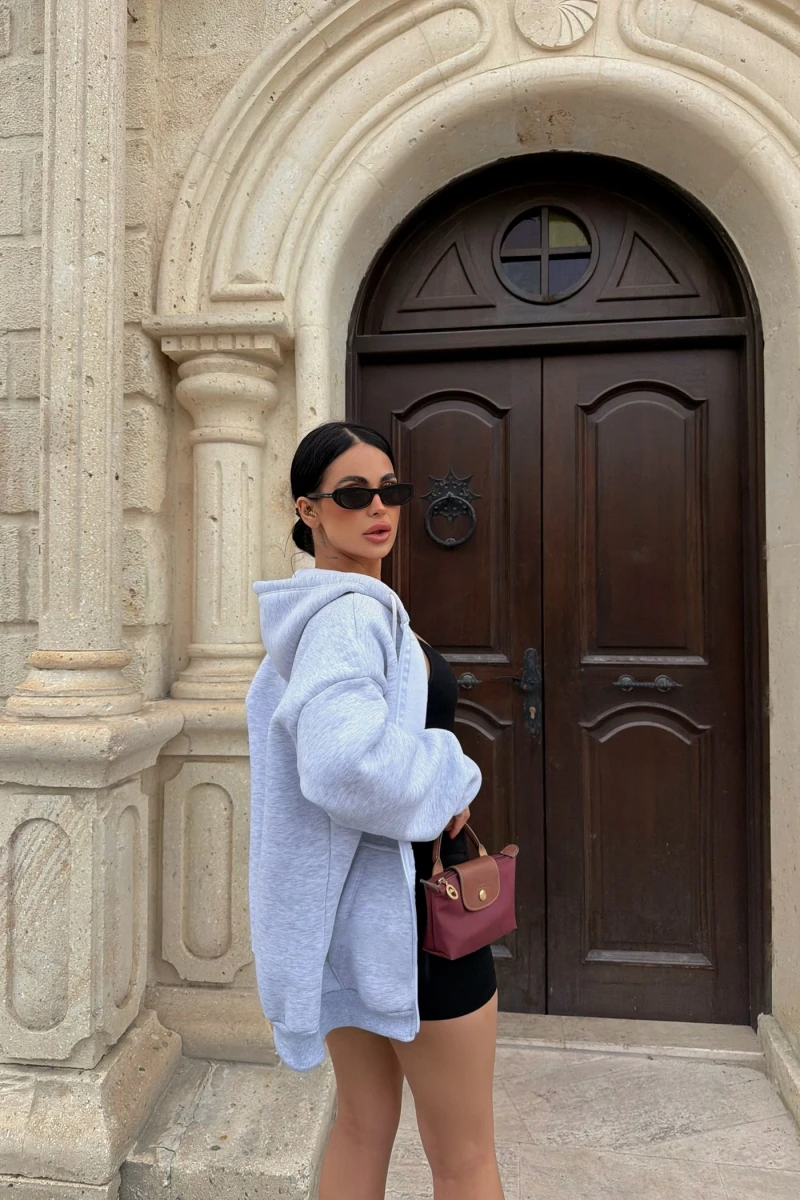 Gri İçi Şardonlu Oversize Kapşonlu Hırka
