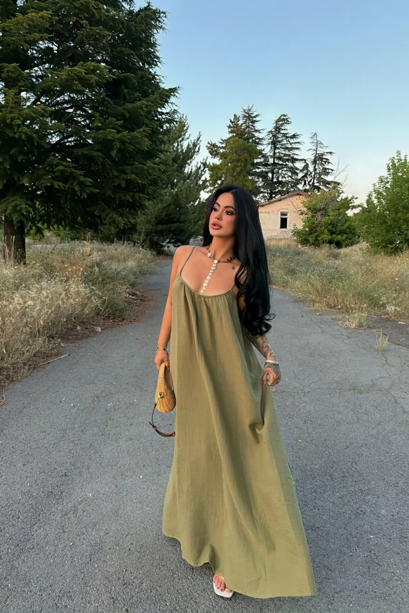 Haki Alina Müslin Salaş Elbise