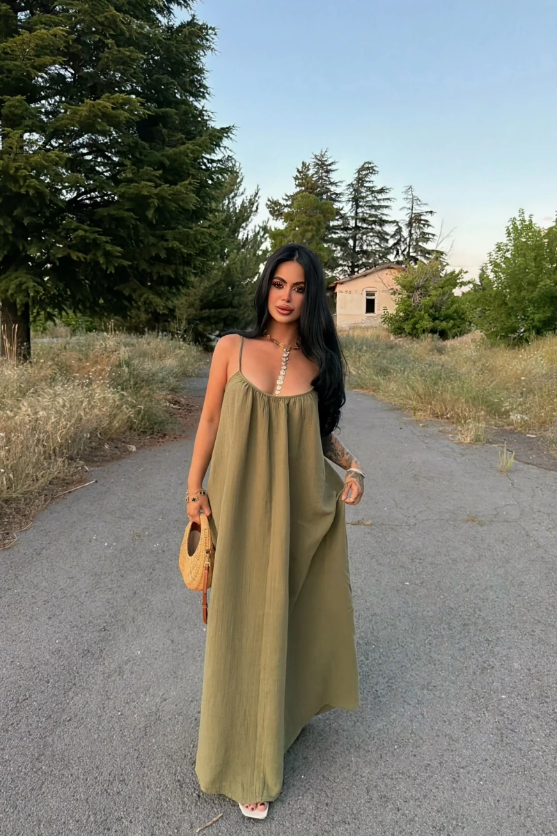 Haki Alina Müslin Salaş Elbise