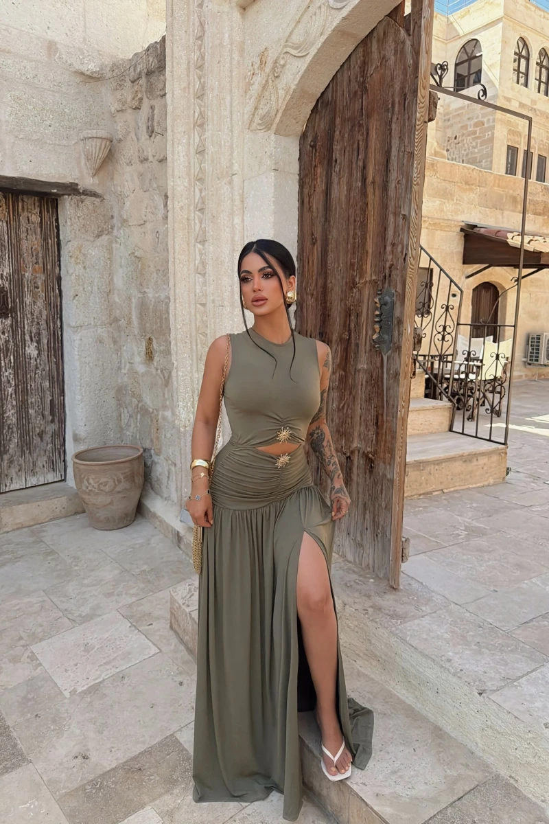 Haki Çift Aksesuarlı Resort Elbise