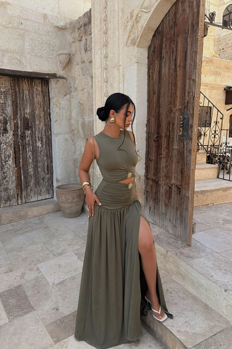 Haki Çift Aksesuarlı Resort Elbise