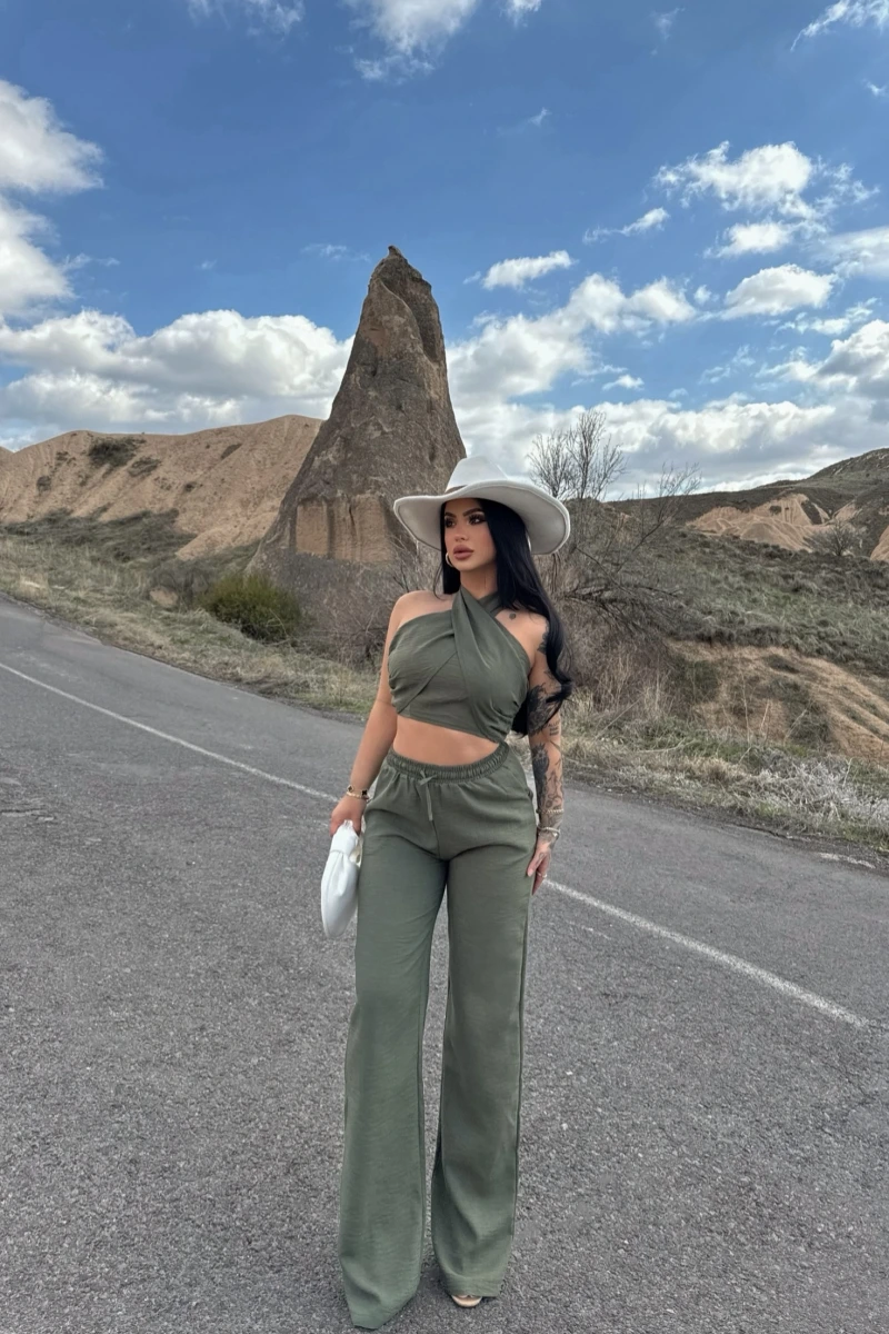 Haki Elina Yaka Çapraz Keten Takım