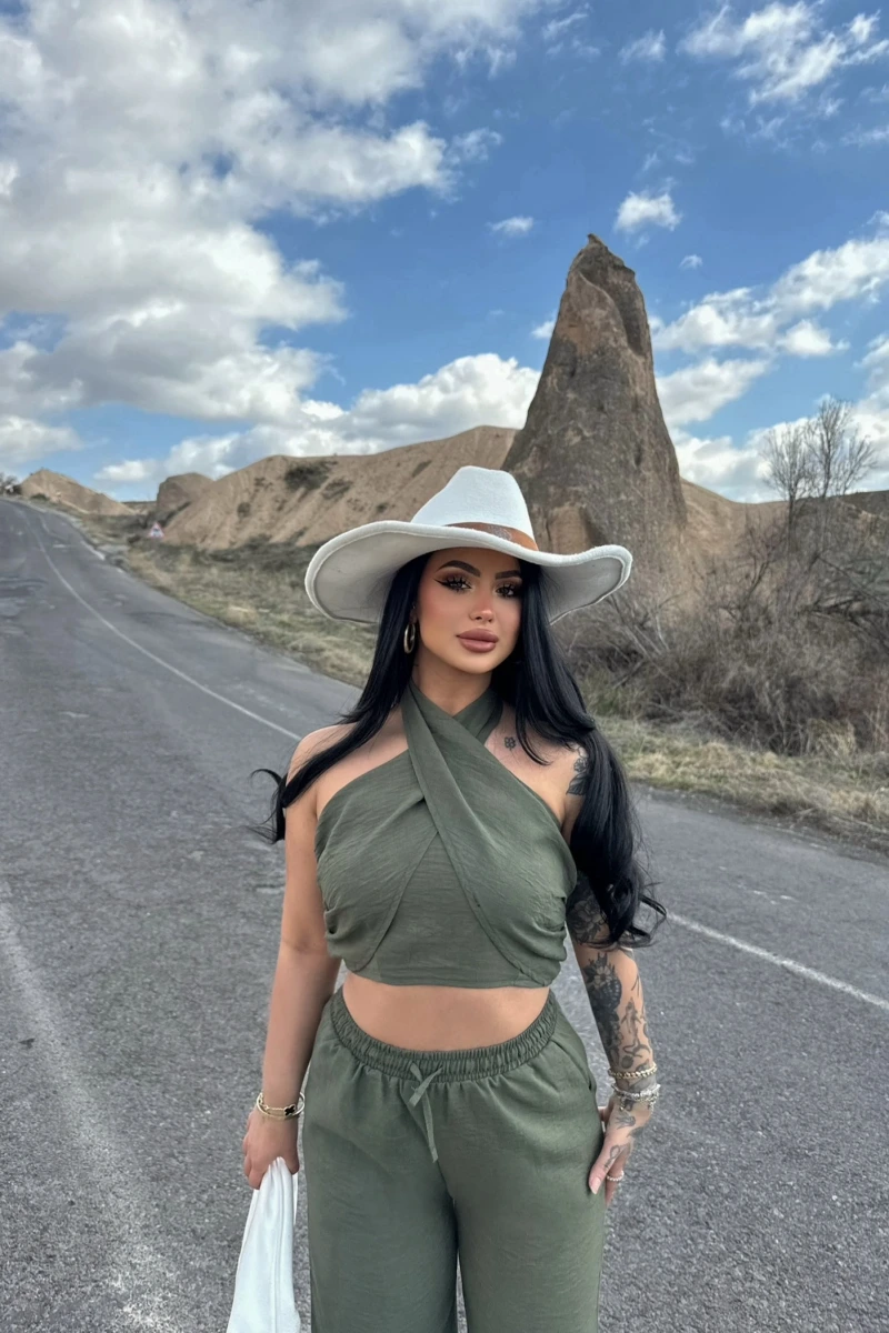 Haki Elina Yaka Çapraz Keten Takım