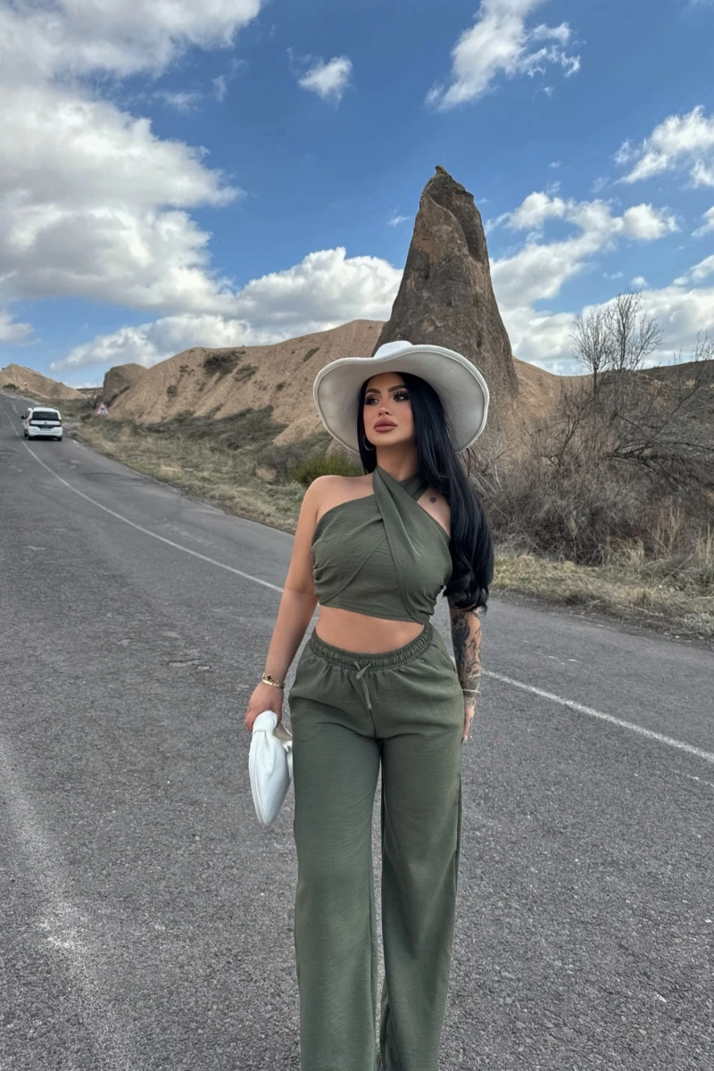 Haki Elina Yaka Çapraz Keten Takım