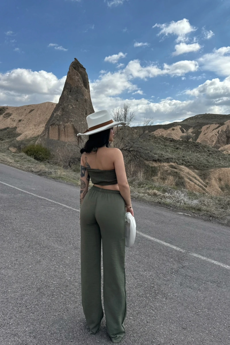 Haki Elina Yaka Çapraz Keten Takım
