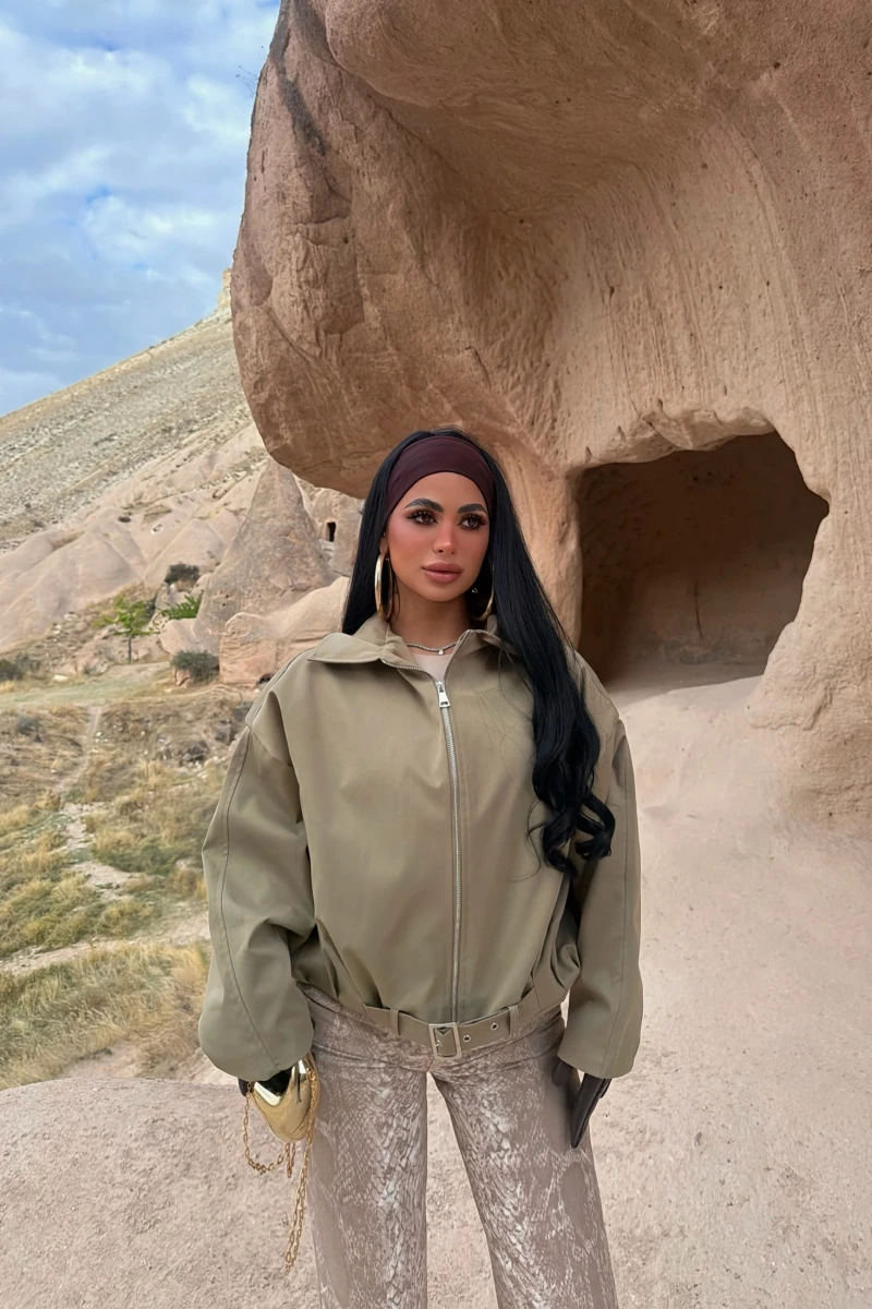 Haki Kemerli Oversize Bomber Ceket