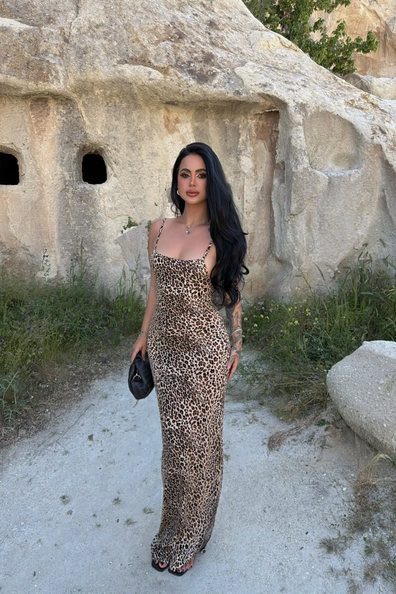 İp Askılı Leopar Elbise