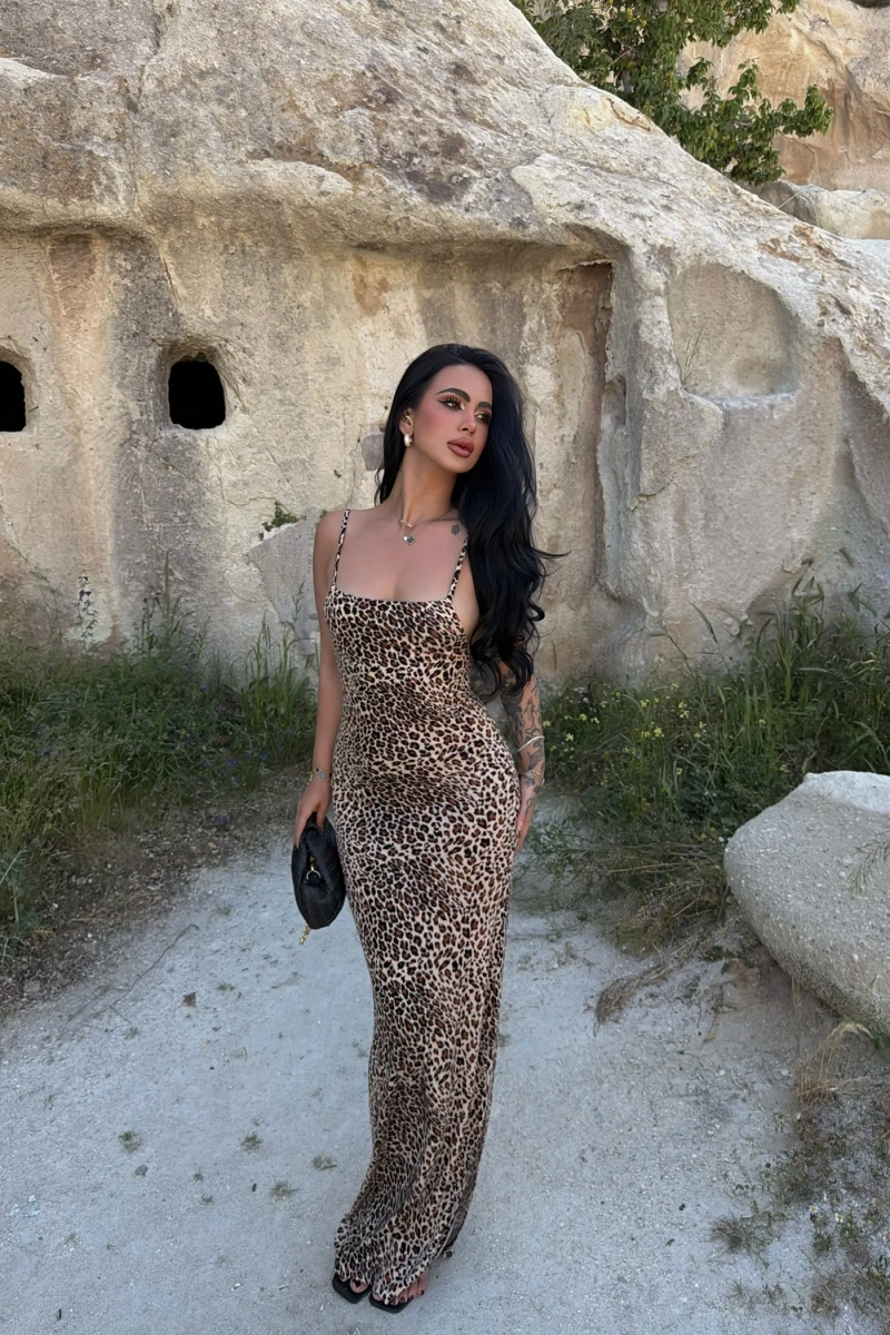 İp Askılı Leopar Elbise