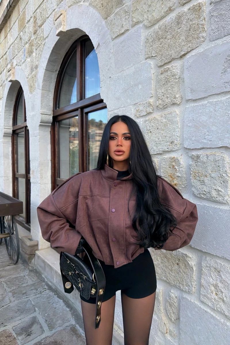 Kahve Balon Kol Süet Ceket