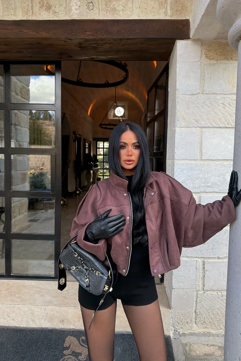 Kahve Balon Kol Süet Ceket