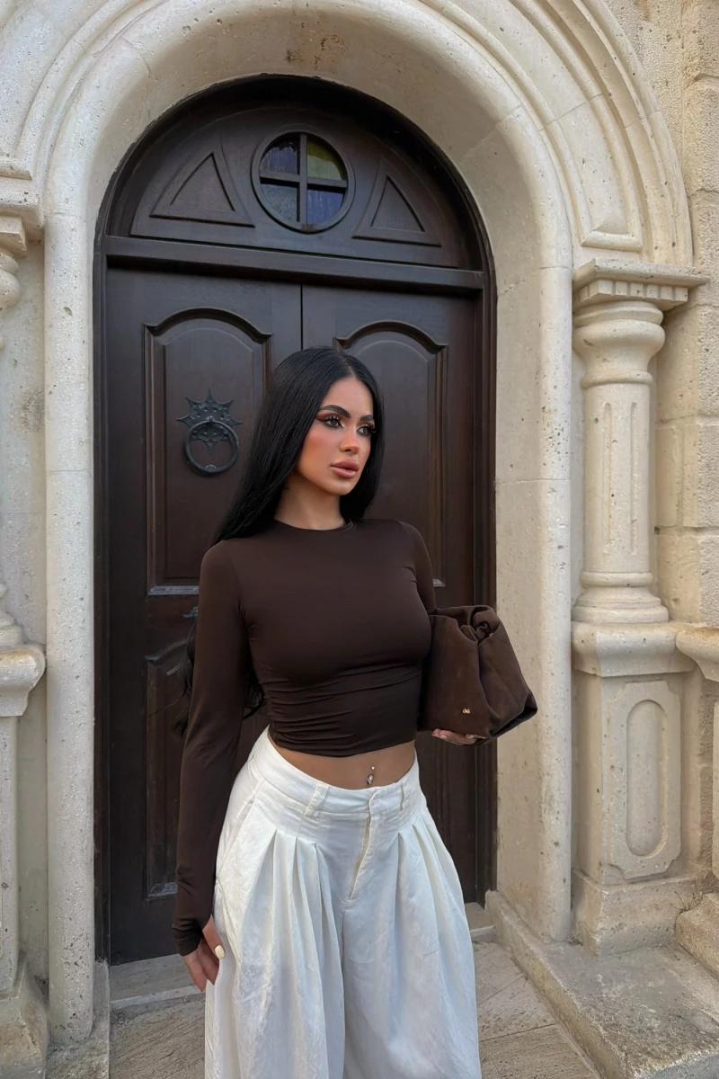 Kahve Bisiklet Yaka Basic Crop