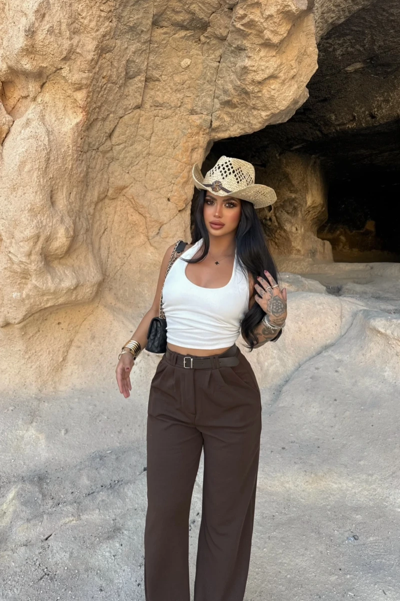 Kahve Çift Pile Kemerli Pantolon