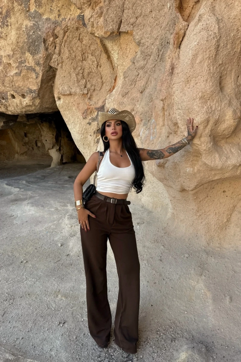 Kahve Çift Pile Kemerli Pantolon