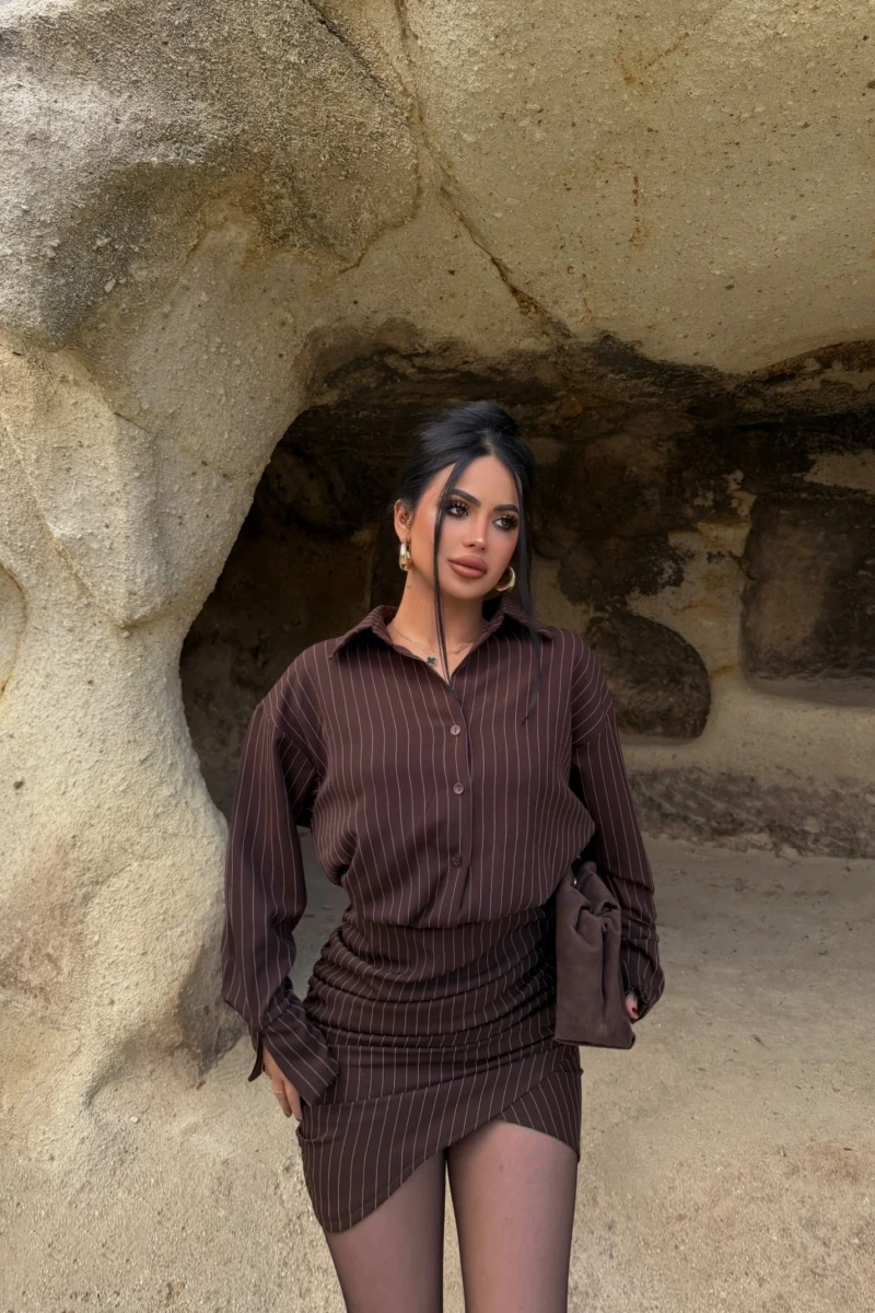 Kahve Çizgili Gömlek Elbise