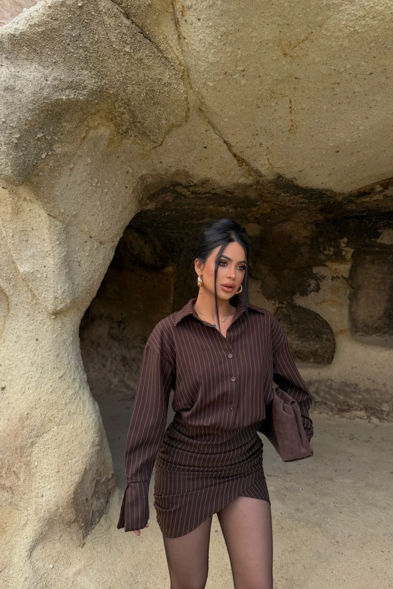 Kahve Çizgili Gömlek Elbise