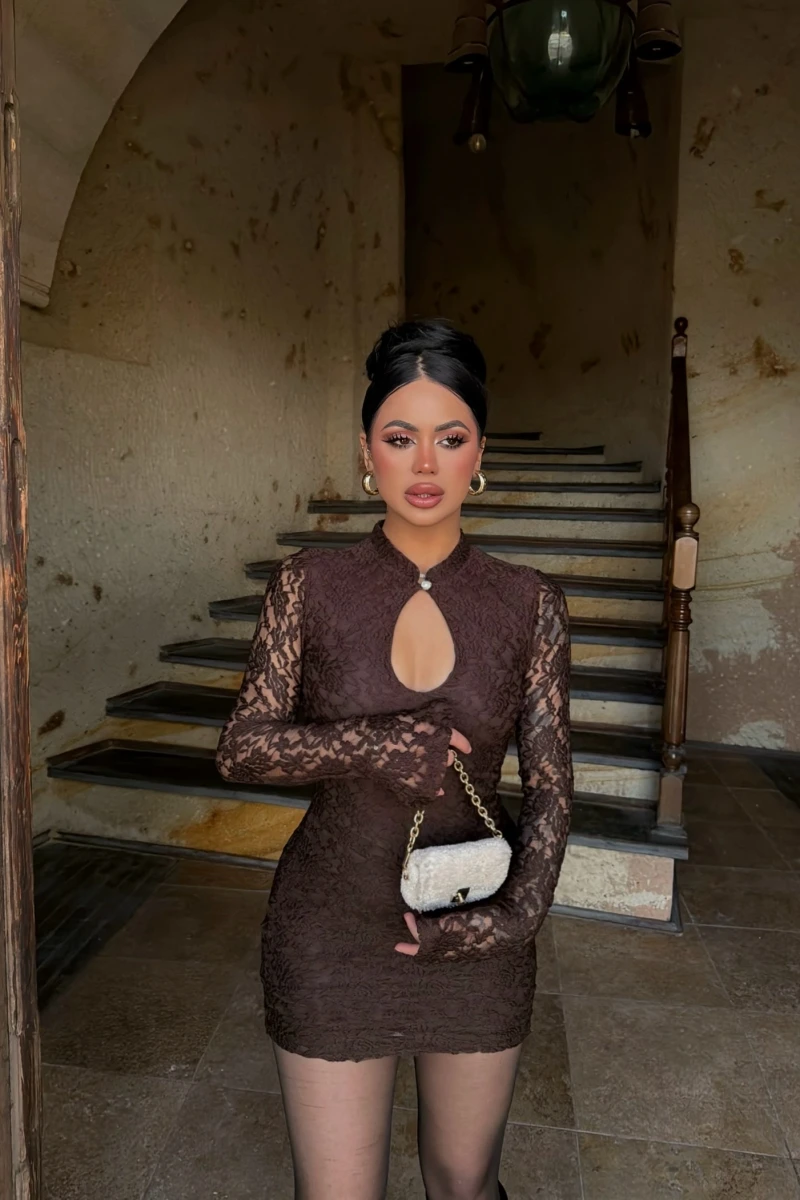 Kahve Damla Yaka Dantel Detay Elbise