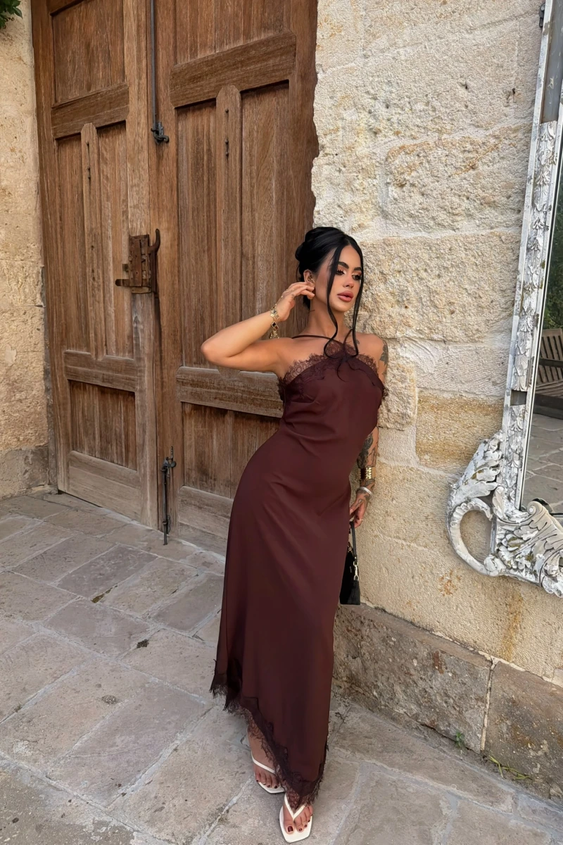 Kahve Dubai Güpürlü Maxi Elbise