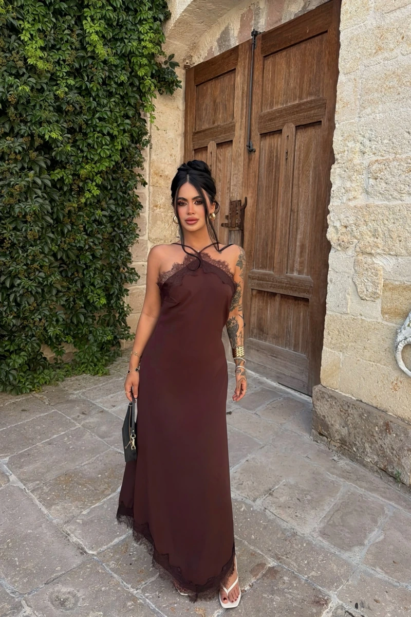 Kahve Dubai Güpürlü Maxi Elbise