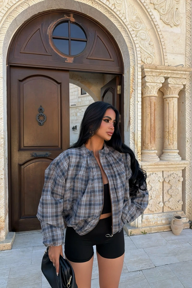 Kahve Ekose Bomber Mont