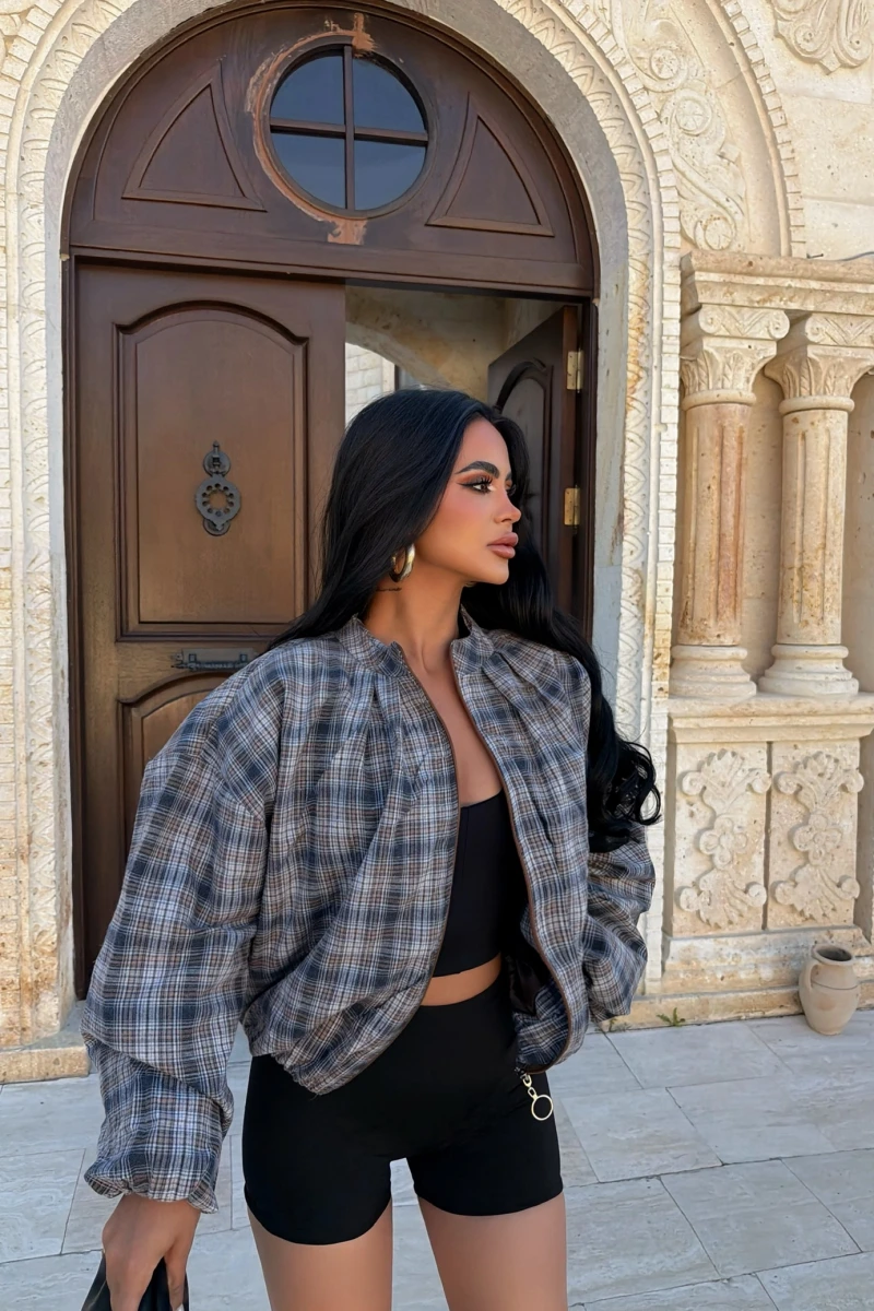 Kahve Ekose Bomber Mont