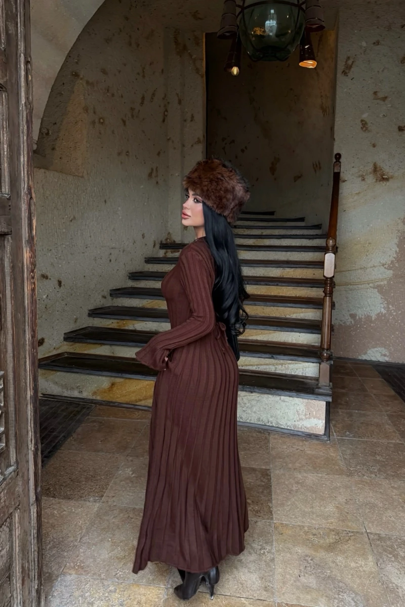 Kahve Fitilli Triko Maxi Elbise