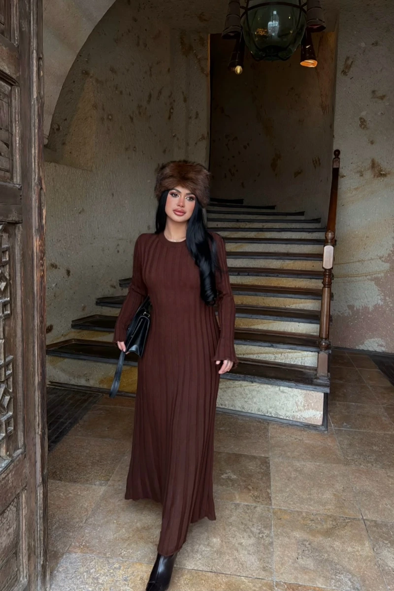 Kahve Fitilli Triko Maxi Elbise