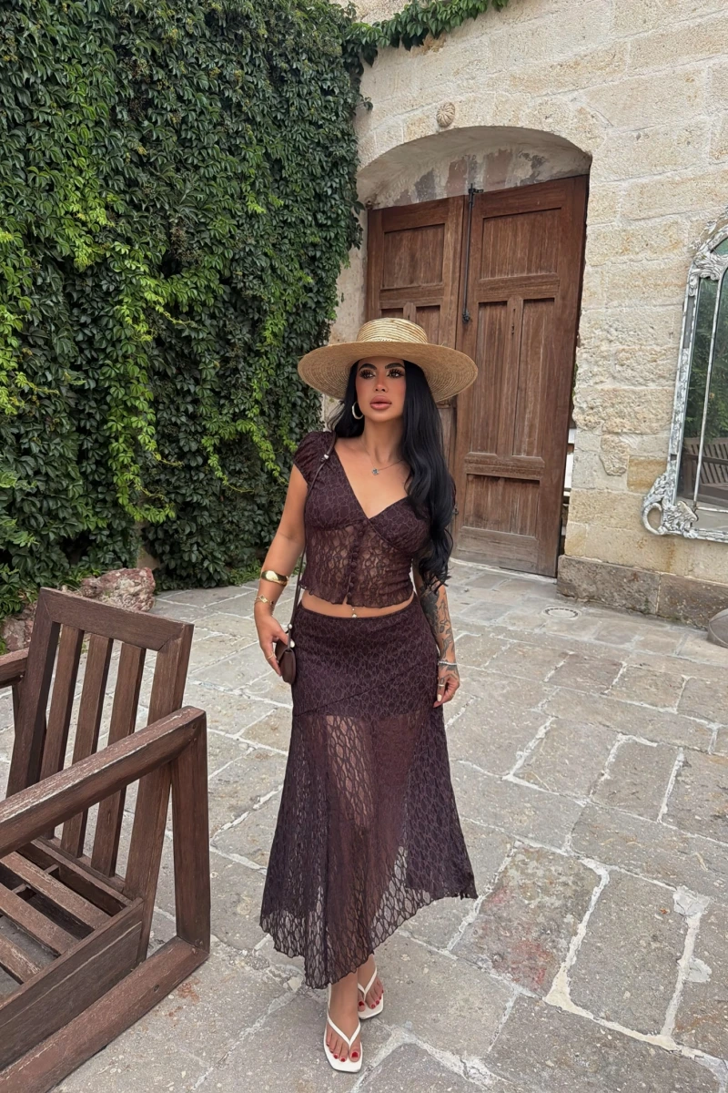 Kahve Güpürlü Etek Crop İkili Takım