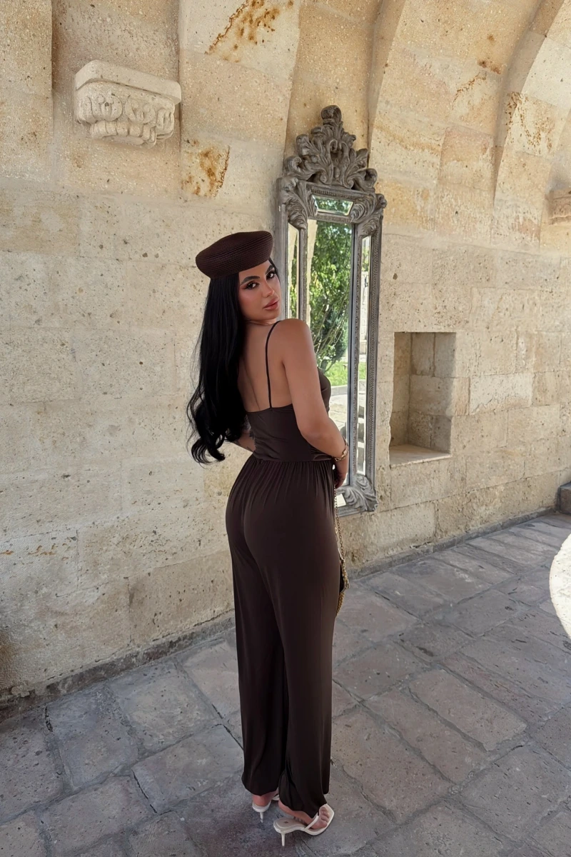 Kahve İp Askılı Drapeli Tulum