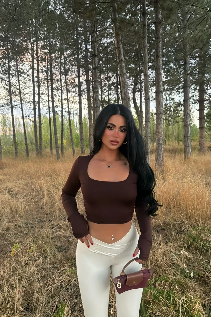 Kahve Kare Yaka Çift Kat Crop