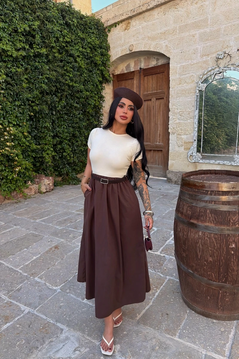 Kahve Kemer Detaylı Midi Elbise