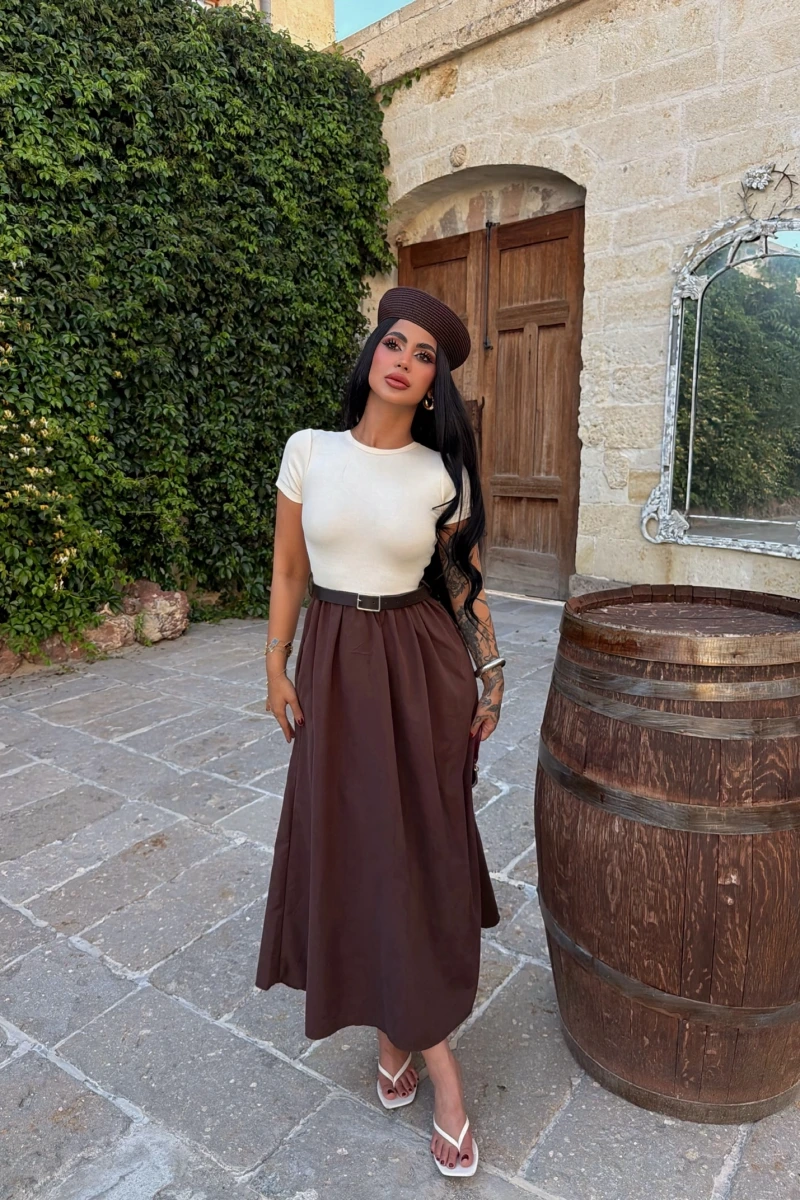 Kahve Kemer Detaylı Midi Elbise