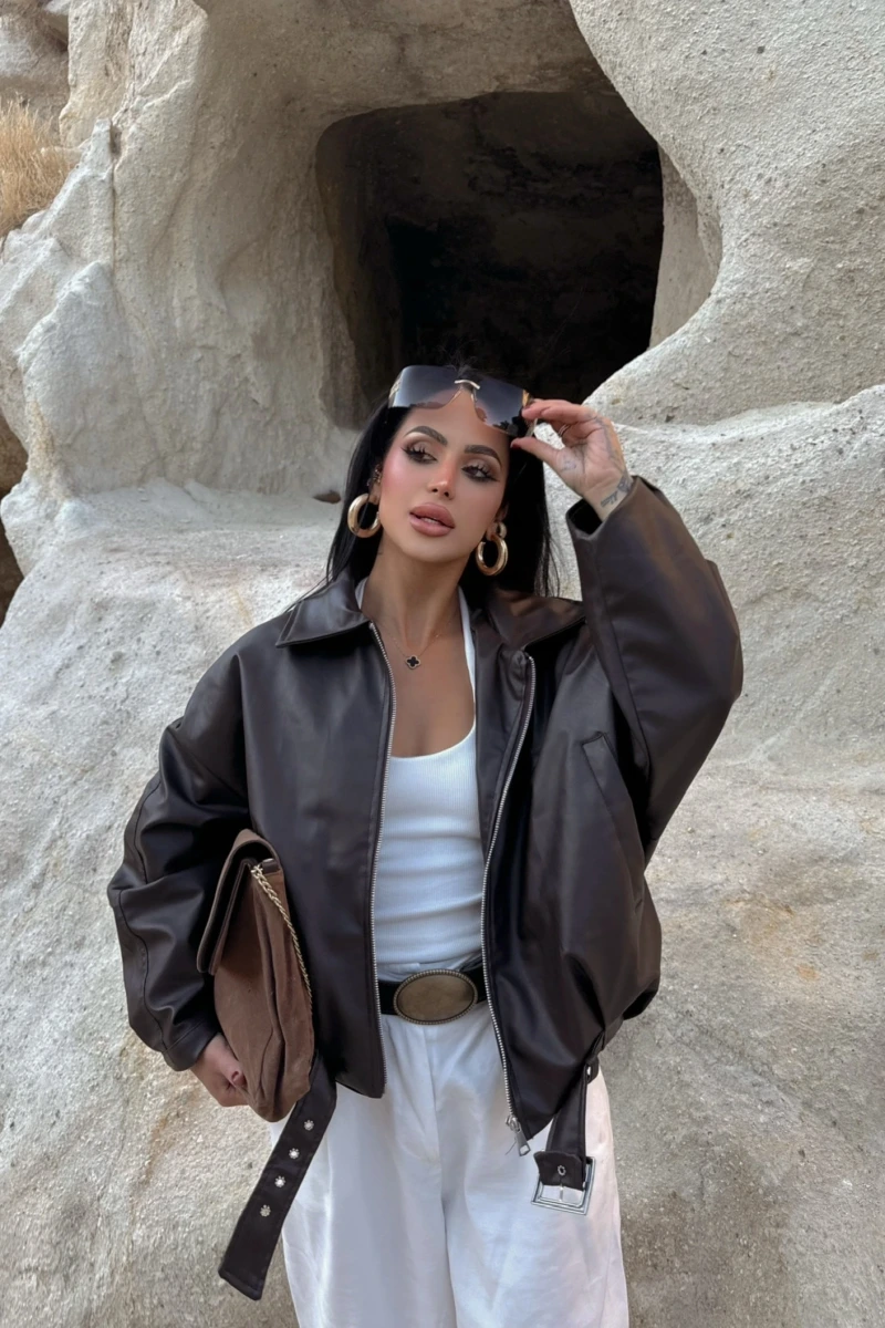 Kahve Kemerli Yarasa Kol Deri Mont