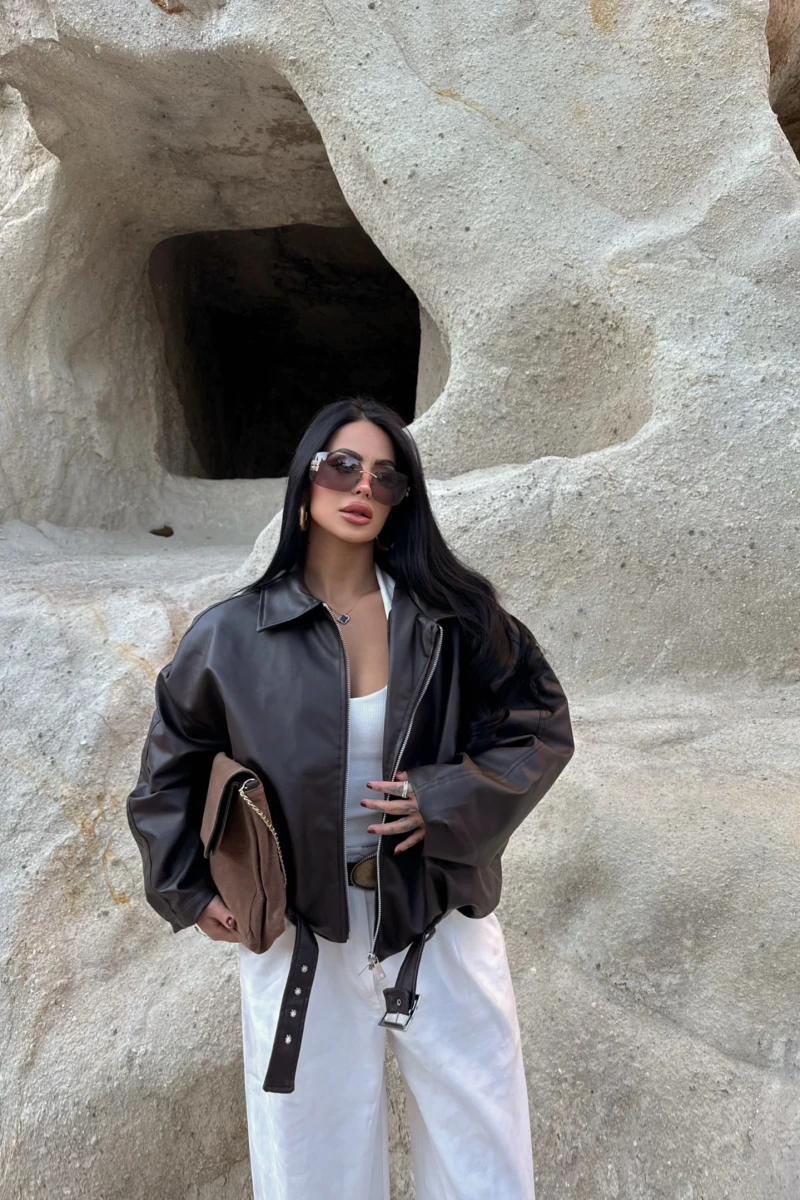 Kahve Kemerli Yarasa Kol Deri Mont