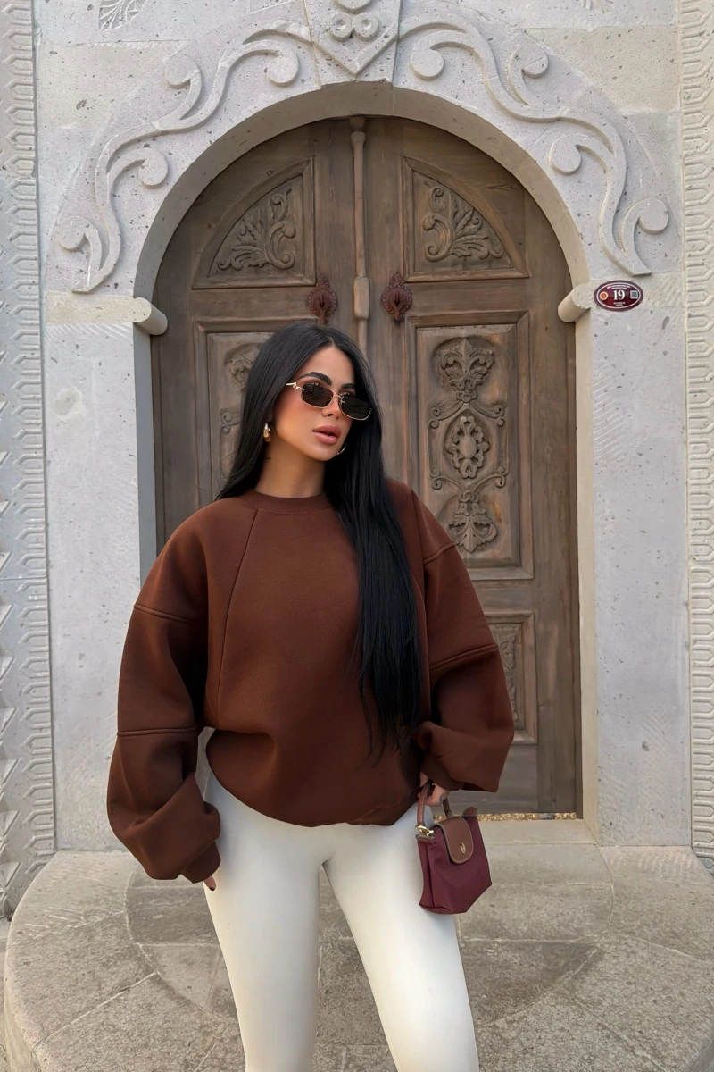 Kahve Kol Parçalı Şardonlu Sweat
