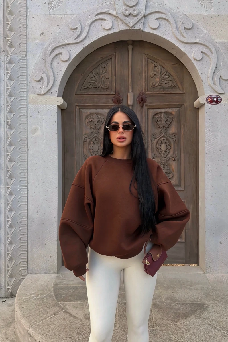 Kahve Kol Parçalı Şardonlu Sweat