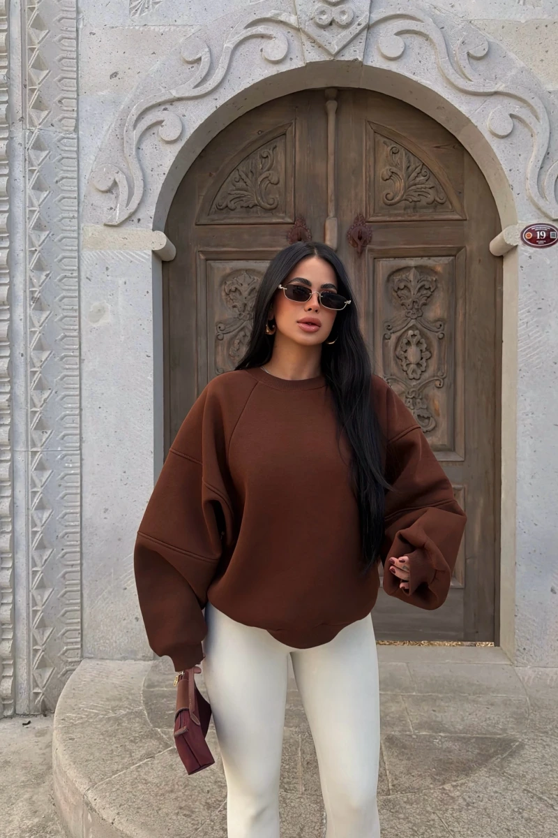 Kahve Kol Parçalı Şardonlu Sweat