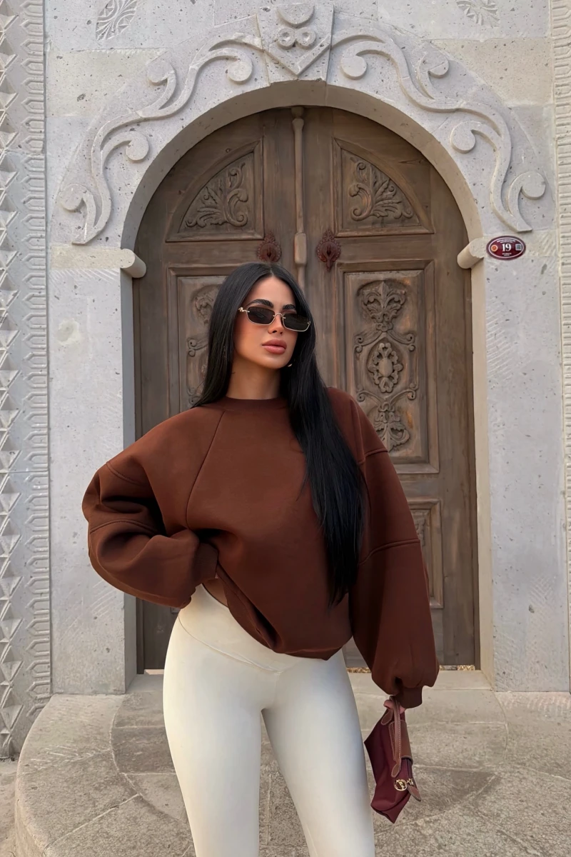 Kahve Kol Parçalı Şardonlu Sweat