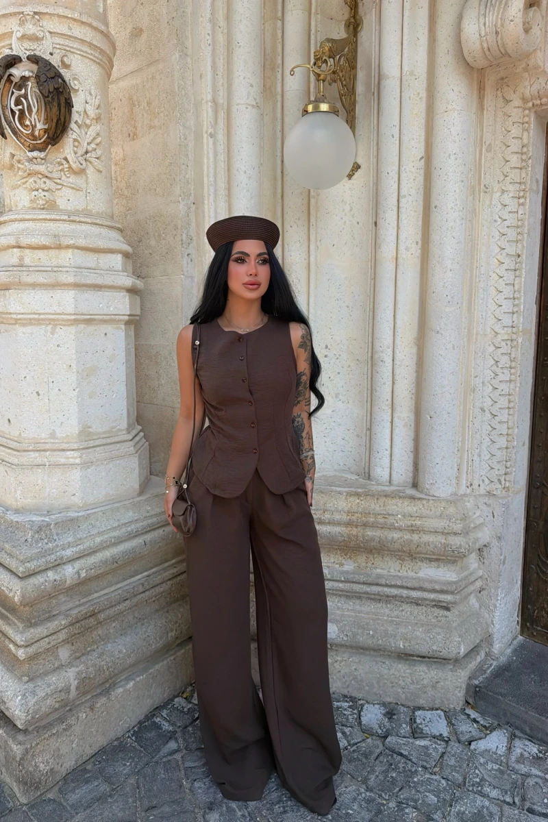 Kahve Lavin Düğmeli Keten Takım