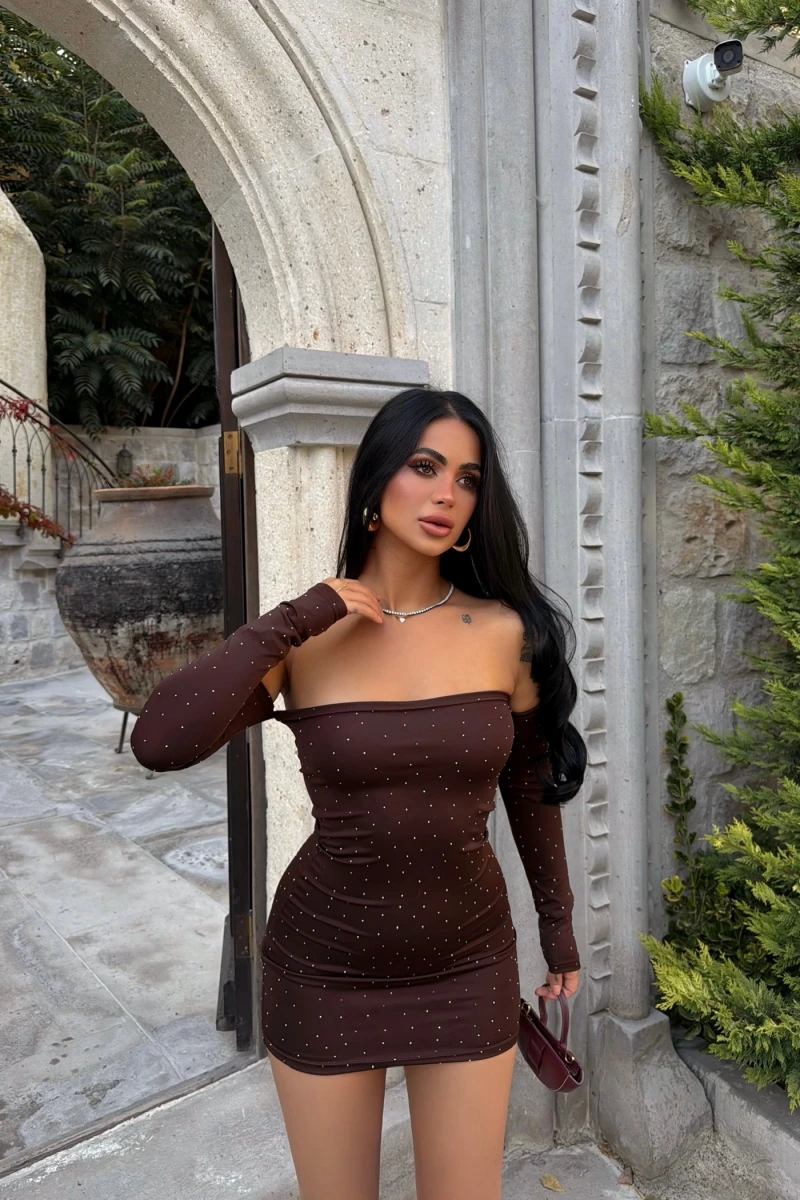 Kahve Madonna Taşlı Mini Elbise