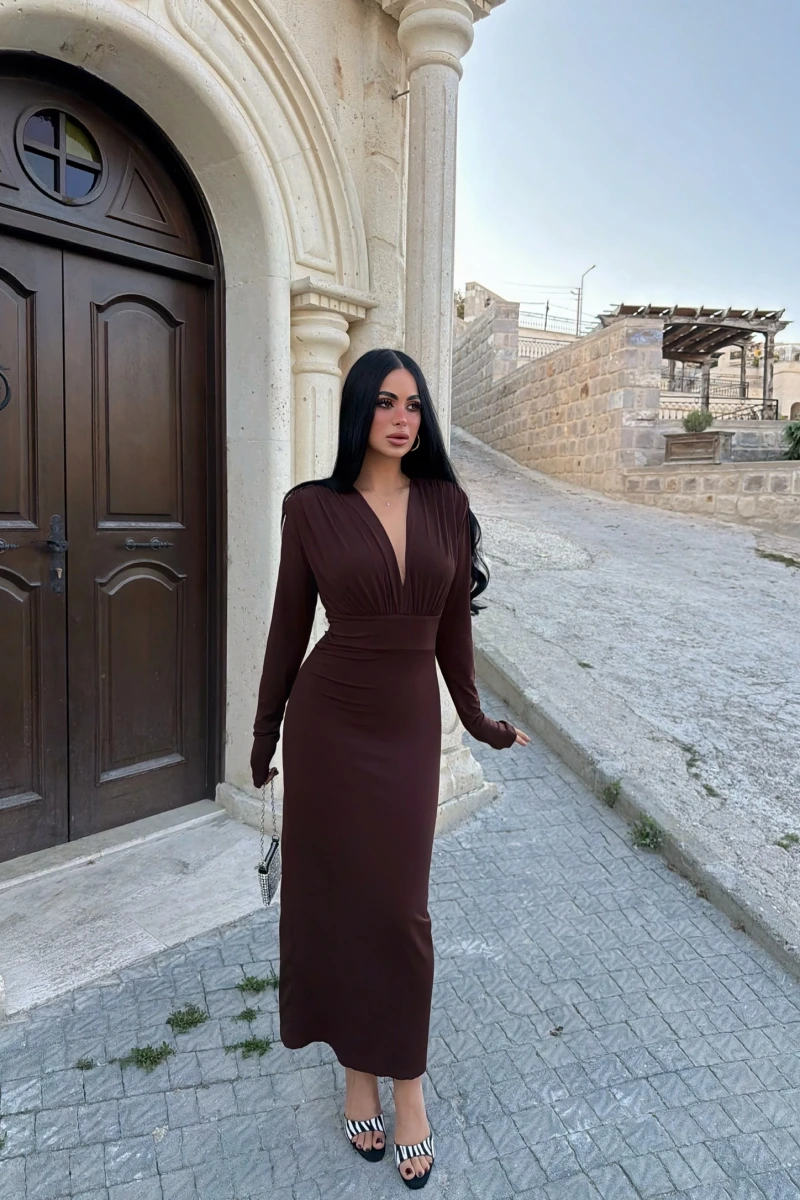 Kahve Mona Vatkalı Midiboy Elbise