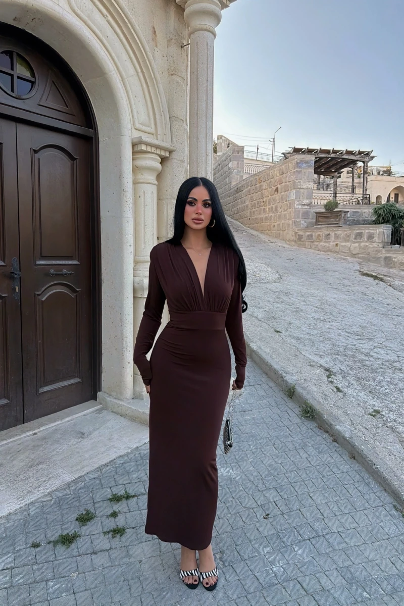 Kahve Mona Vatkalı Midiboy Elbise