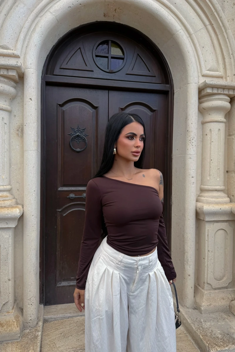 Kahve Omuz Açık Basic Crop