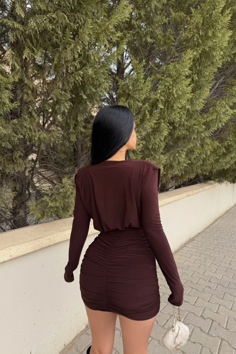 Kahve Omuz Vatkalı Degaje Elbise