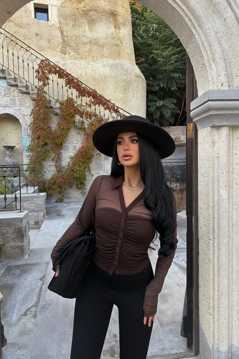 Kahve Polo Yaka Crop Gömlek