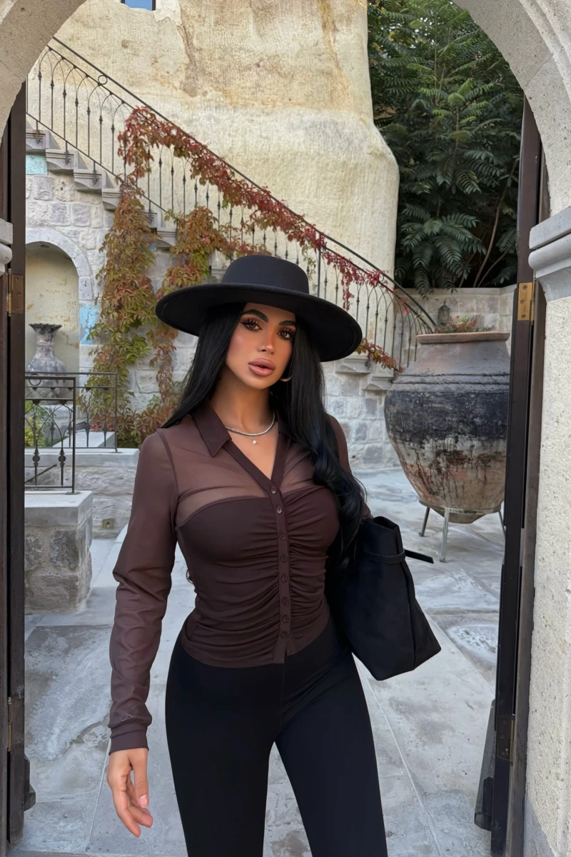 Kahve Polo Yaka Crop Gömlek