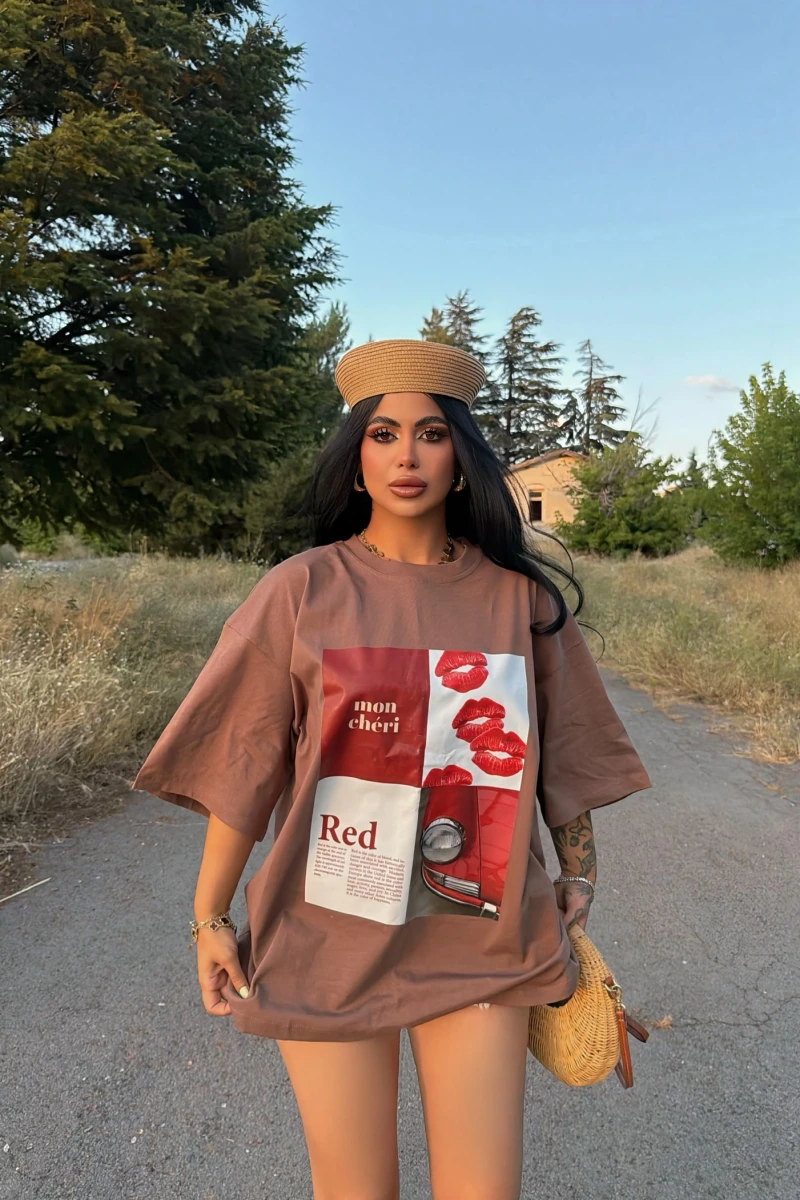 Kahve Red Oversize Baskı Tişört