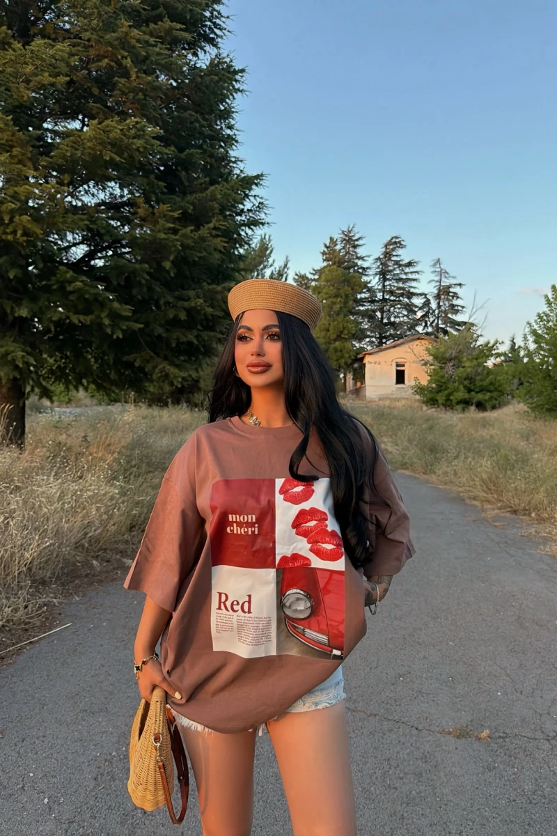 Kahve Red Oversize Baskı Tişört