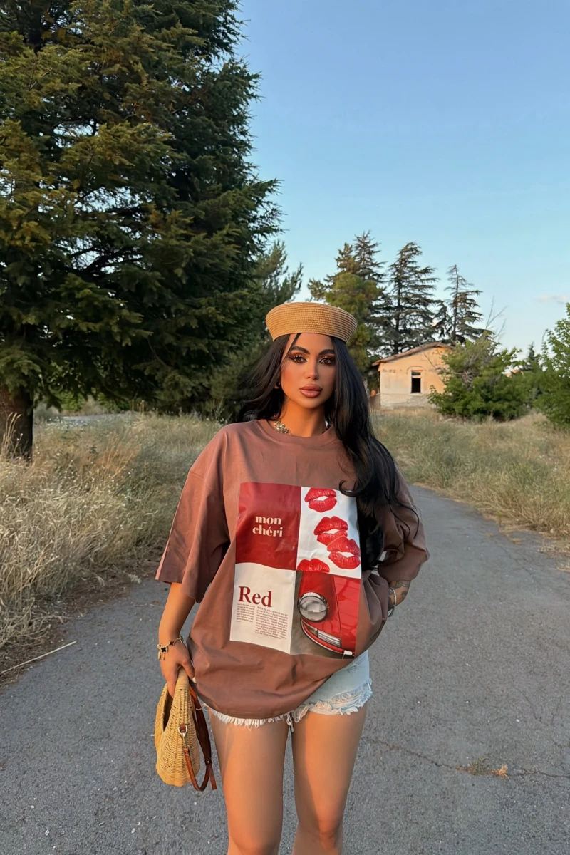 Kahve Red Oversize Baskı Tişört