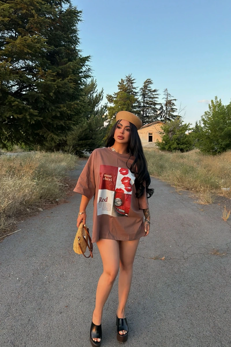 Kahve Red Oversize Baskı Tişört