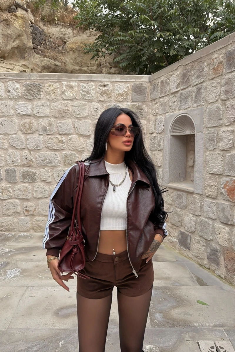 Kahve Retro Şeritli Deri Ceket